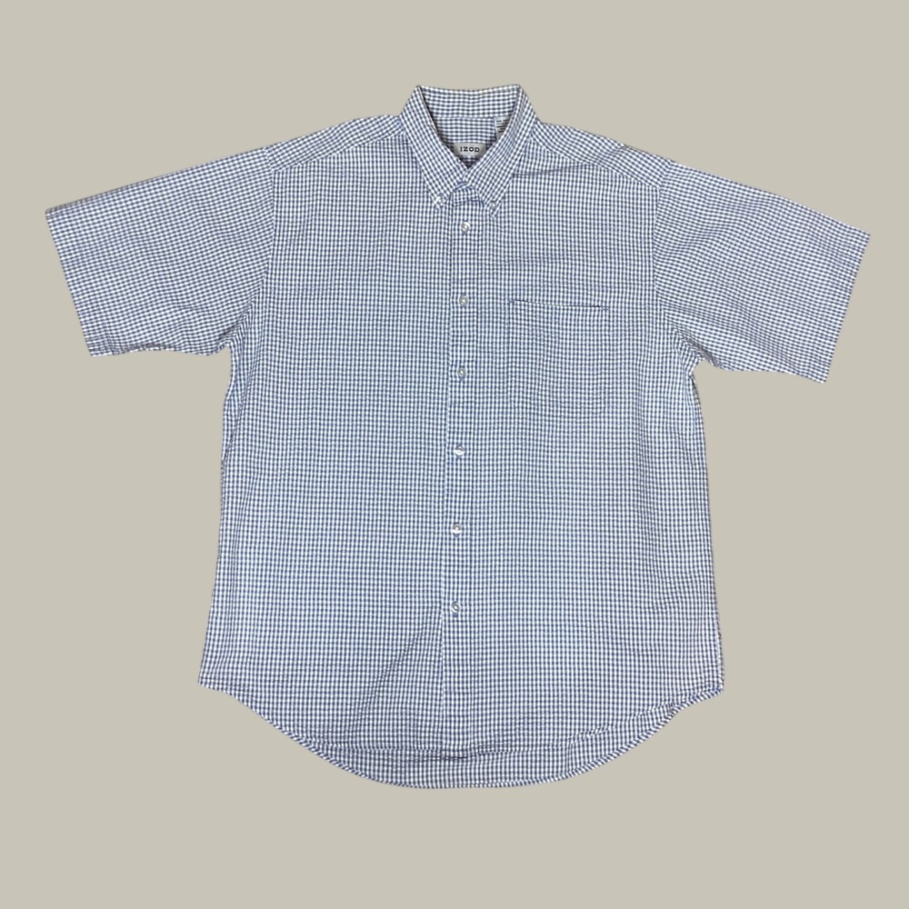 IZOD Gingham Button Down Shirt Mens L Blue White Cotton Preppy Office Classic
